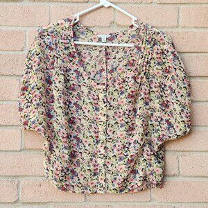 I Love H81 Women’s S Multicolor Floral Sheer Button Front Dolman Sleeve Blouse